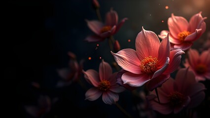Delicate pink flowers in full bloom with a gentle light, set against a dark background, capturing nature's beauty
