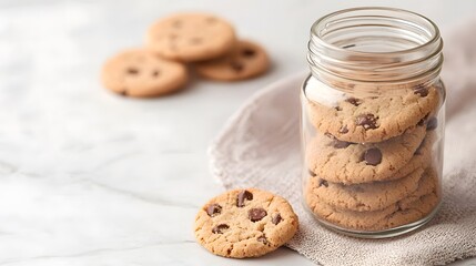 Flat Lay of Chocolate Chip Cookies in Glass Jar on Marble Surface
