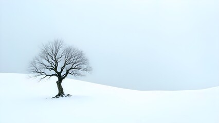 Fototapeta premium Solitary Tree in Snowy Landscape: Minimalist Winter Scene in a Tranquil and Peaceful Setting