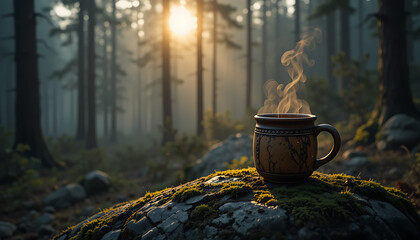 A rustic ceramic coffee mug with steam rising, placed on a mossy rock in a foggy forest at dawn, sun rays peeking through pine trees.

