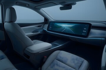 Futuristic electric car interior with panoramic touchscreen dashboard in autonomous driving mode