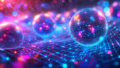 Holographic Kinetic Spheres, A vibrant 3D abstract background with kinetic spheres in neon cyan and coral,
