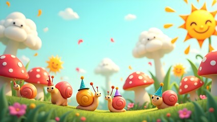 Cartoon Snails in Party Hats Amongst Mushrooms, Flowers, and Smiling Sun in a Whimsical Landscape