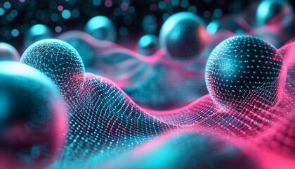 Holographic Kinetic Spheres, A vibrant 3D abstract background with kinetic spheres in neon cyan and coral,