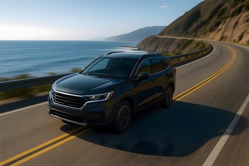 Obraz premium Black SUV driving on scenic coastal highway with ocean and mountain view