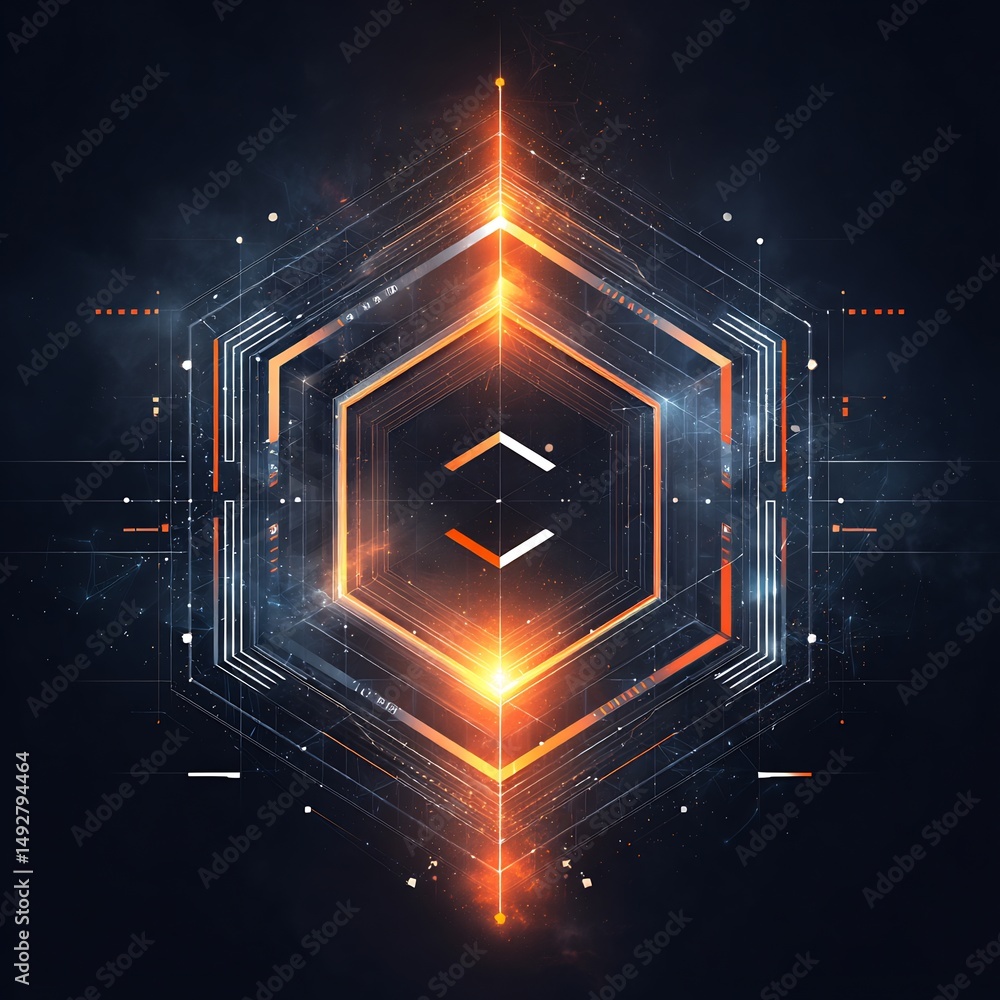 Poster abstract technological hexagon with glowing lines and data stream display