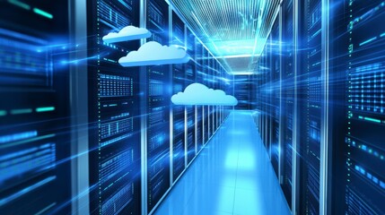 Data center server room with cloud computing icons.