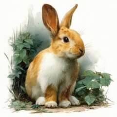 Fototapeta premium A rabbit sitting among green foliage in a sketch-like illustration. Soft watercolor illustration