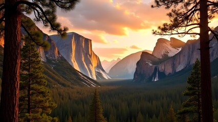 Yosemite Valley Vista at Sunset: Majestic Mountains, Forests, and Waterfalls in Golden Light