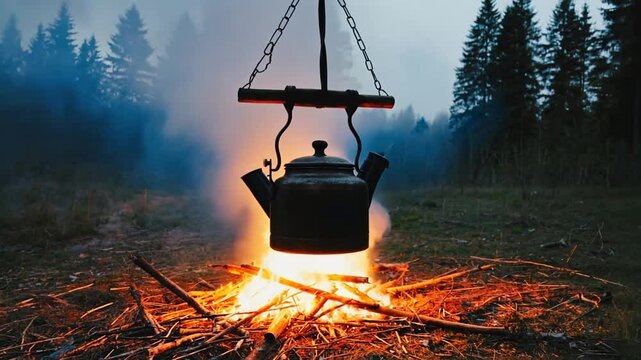 Cooking a pot on a campfire.