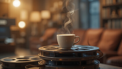 Tiny espresso cup balanced on a stack of old film reels, in a cozy home cinema with dim lights.

