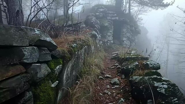 Misty mountain path through ruins footage