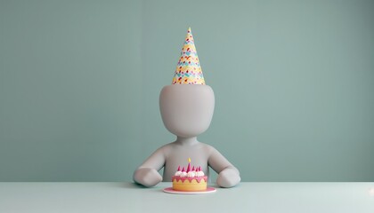 Person in party hat sitting alone with cake against neutral background