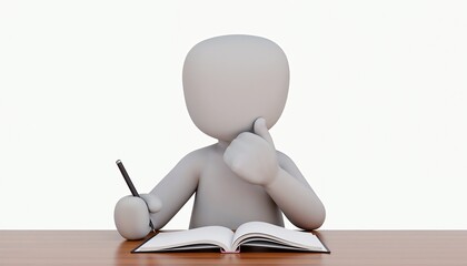 Person sitting alone at desk writing in notebook against white background