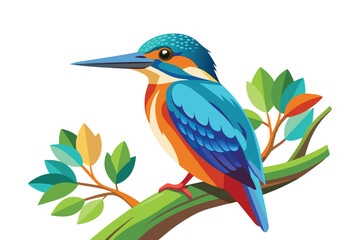 Fototapeta premium Colorful kingfisher sits on tree vector illustration on white background