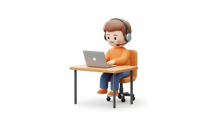 Animated Character Working on Laptop with Coffee Cup