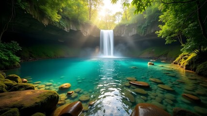 Serene Waterfall Scene: Turquoise Water, Lush Greenery, and Natural Beauty