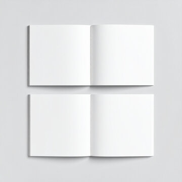 Two open square book mockups showing blank pages on gray background