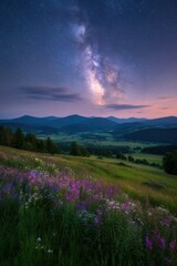 Milky Way over Mountain Valley with Wildflowers in Foreground Scenic Night Landscape View