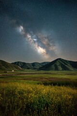 Obraz premium Milky Way Galaxy over Carrizo Plain National Monument California landscape scenic view nightscape astronomy astrophotography stars wildflowers field hills
