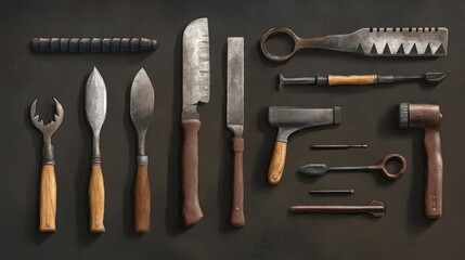 Collection of Vintage Hand Tools: A Still Life of Antique Carpentry and Masonry Implements