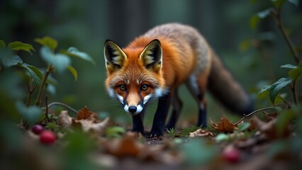 Captivating Red Fox Stares Intently in Forest Scene, Surrounded by Foliage and Autumnal Hues