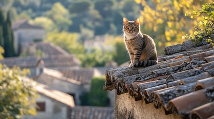 Cat sitting on a rooftop in a village