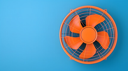 Bright orange electric ventilation fan on a clean blue background showcasing cooling technology concept. Modern home appliance design element minimal style graphic for advertising and summer heat.