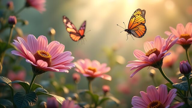Fototapeta Butterflies Hovering Near Vibrant Pink Flowers in a Lush Garden on a Sunny Day