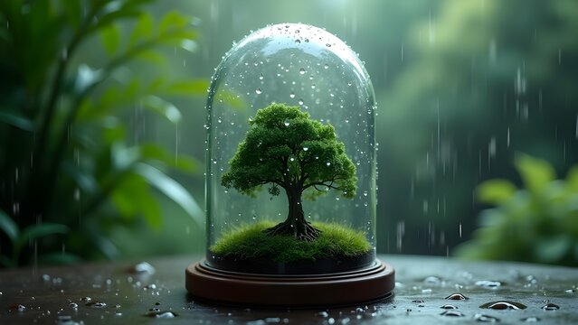 Small Tree in Glass Dome on Rainy Day: Miniature Bonsai Tree Protected by Glass Dome with Raindrops - Powered by Adobe