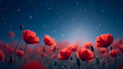 Dreamy Poppy Field at Twilight: Red Flowers Under a Starry Blue Sky