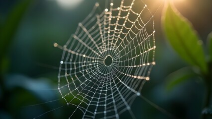 Obraz premium Close-up of a dew-covered spiderweb with water droplets glistening in the early morning light.