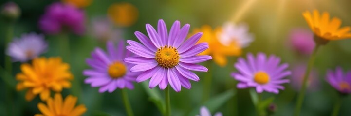Obraz premium Single symmetrical purple and yellow daisy, vibrant, amongst diverse wildflowers , nature, vibrant, macro