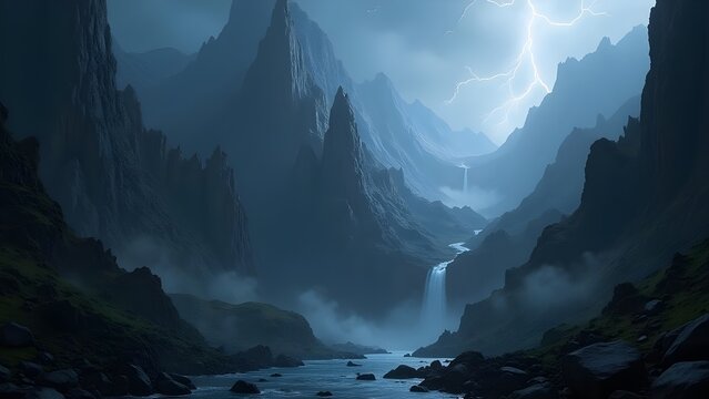 Dramatic mountain landscape with lightning storm over a waterfall and river - Powered by Adobe