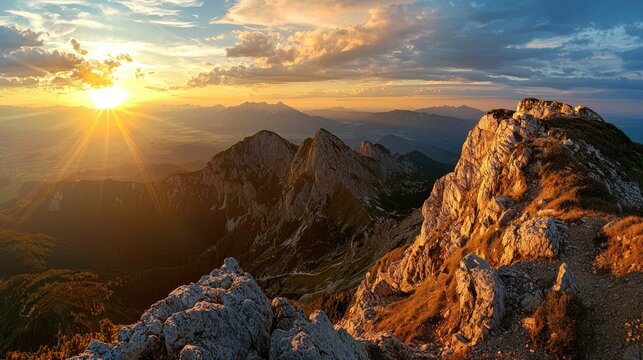 A golden sunset casting long shadows over a rugged mountain landscape