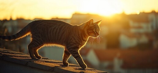 Cat walking on rooftop during sunset