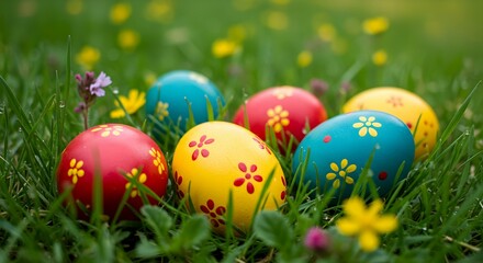 Colorful Easter Eggs in Spring Meadow with Flowers