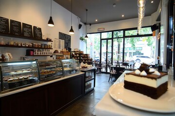 Cozy Coffee Shop Interior with Baked Goods Display, Bright Natural Light, and Inviting Ambiance for Relaxation or Social Engagement