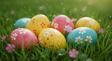 Vibrant Easter Eggs Displayed in Lush Green Meadow