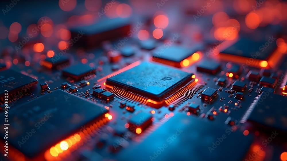 Poster detailed circuit board close-up: microchip technology, electronics, and computer hardware