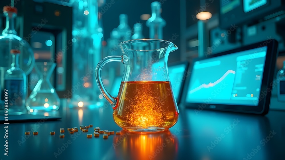 Poster scientific lab: liquid analysis in glassware with data display