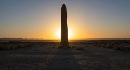 Sunset Silhouette of an Ancient Obelisk in the Desert
