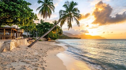 Obraz premium Tranquil tropical beach scene at sunrise with palm trees and gentle waves