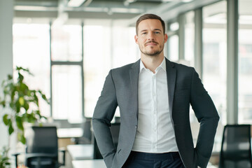 Fototapeta premium Successful entrepreneur, dynamic startup founder, standing confidently in a modern office, wearing a crisp suit