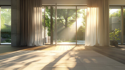 Obraz premium Sunlight streams into a bright room through open doors and sheer curtains illuminating the floor
