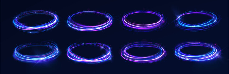 Light swirl with electric glow and magic trail in dynamic abstract circle using neon flare and sparkle twirl for vector background design with transparent shiny motion and fantasy elements   © Little Monster 2070