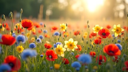 Obraz premium Blooming Wildflower Meadow at Sunset with Poppies and Cornflowers in the Warm Light