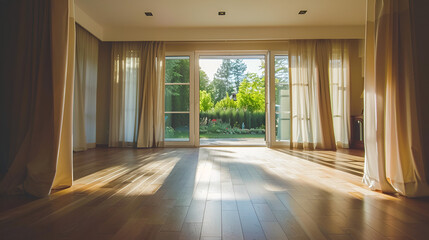 Obraz premium Sunlight streaming into an empty room with hardwood floors and open doors to a green garden view