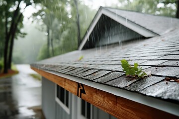 Rainfall on a roof showcases serene nature near a peaceful wooded area during a quiet day