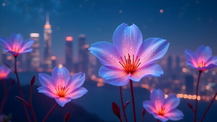 Glowing Flowers Against a City Skyline at Twilight